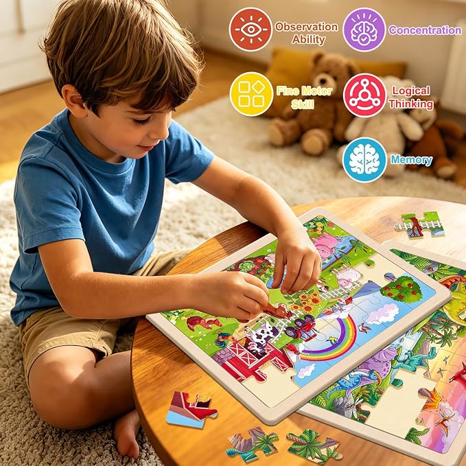 Puzzles for Kids Ages 4-6, 4 x 24 PCs Animals Wooden Puzzles | Animals Puzzles for Toddlers & Kids Ages 3-5, Preschool Educational Puzzles Toys, Birthday Gifts Set for Boys & Girls