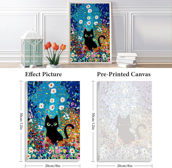 Framed Paint by Numbers Kit for Adults Beginner 8x12 IN, Flowers Cat | Cat Lovers Paint by Numbers with frame, For Adults & Kids Ages 8-12, DIY Acrylic Painting, Stress Relief Home Wall Decor Gift