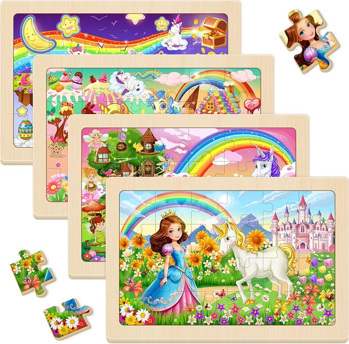 Wooden Puzzles for Kids Ages 4-6, 4 Pack 24 Pcs Toddler Puzzles Set for Ages 3-5, Educational Learning Toys Gift for Boys Girls 3-8 (Rainbow Unicorn, Starry Night, Candyland, Princess Castle)