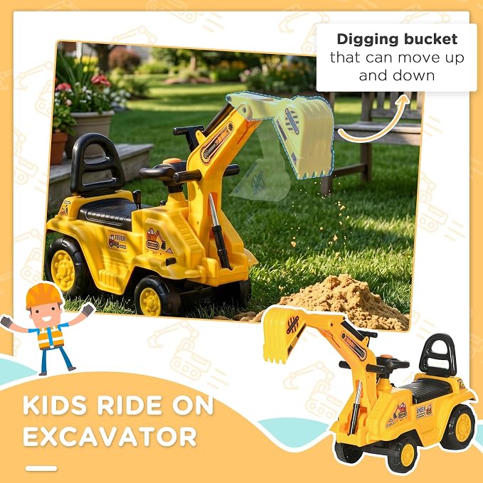 HOMCOM Ride On Excavator Pull Cart, Kids Digger Ride on Truck with Horn, Under Seat Storage, Sit and Scoot Pretend Play Toy Construction Car for Ages 18-48 Months