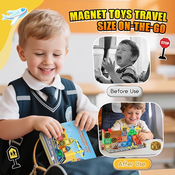 Magnetic Tiles - Construction Toys, Road Set Outdoor Travel Toys with Magnetic Crane & Car for Boys Age 3-5 4-8 8-10, Mini Magnet Building Blocks with Crane, Road, Traffic Lights, STEM Sensory Gifts