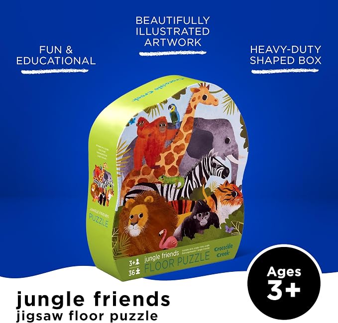 Crocodile Creek 36-Piece Jigsaw Floor Puzzle - Fun Floor Puzzles for Kids Ages 3-5 - Heavy-Duty Shaped Box for Storage - Jungle Friends - 24" W x 18" H Finished