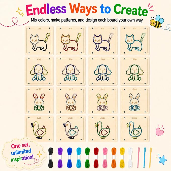 Montessori Wooden Lacing Toys for Toddlers and Kids Ages 2-4 5-7, Sewing Kit Fine Motor Skill Busy Board, Education Sensory Preschool Toy for 1 2 3 4 Year Olds, Birthday Gift for Boys and Girls