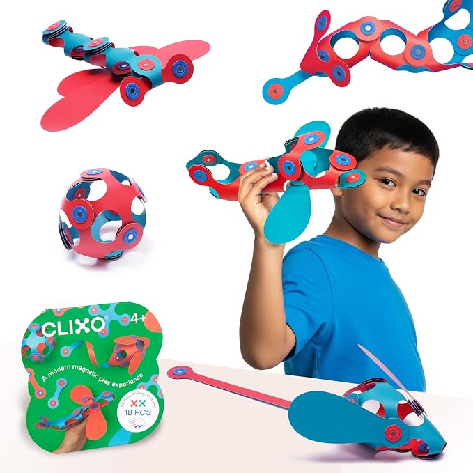 Clixo Itsy Pack, Travel STEM Magnetic Toys (18 Pc, 4+, Flamingo/Turquoise) | Compact open ended toys for screen-free play. Airplane activities and kids road trip games. Easy to clean magnetic STEM sets.