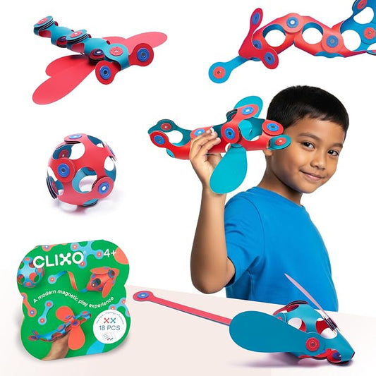 Clixo Itsy Pack, Travel STEM Magnetic Toys (18 Pc, 4+, Flamingo/Turquoise) | Compact open ended toys for screen-free play. Airplane activities and kids road trip games. Easy to clean magnetic STEM sets.