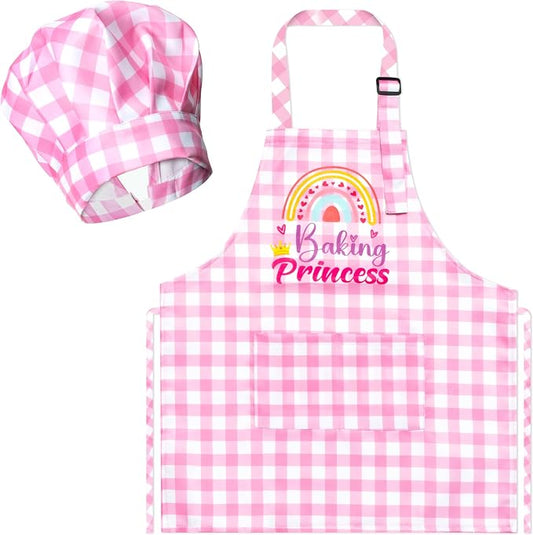 R HORSE 2 Pieces Kid Apron and Chef Hat Set, Children Role Play Chef Toy | Coquettish Pink Baking Princess Adjustable Kitchen Apron for Girl, Ideal for Cooking, Baking, Painting, Cooking Birthday Gift
