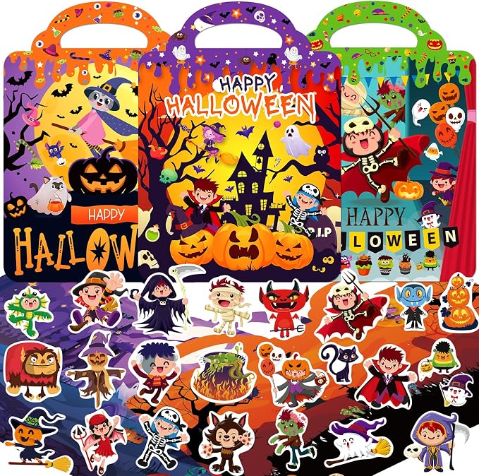 Elfew 3 Pack Halloween Reusable Sticker Books for Toddlers 2-4 | 3D Puffy Sticker Book for Kids Ages 3-5, Halloween Stickers for Kids, Halloween Gifts & Toys for Toddlers