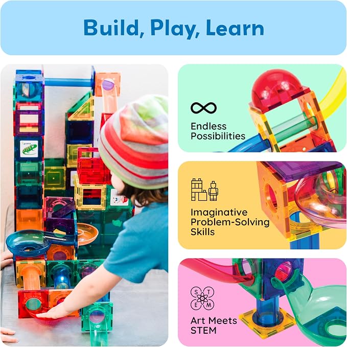 PicassoTiles 70 Piece Marble Run Magnetic Tiles Race Track STEM Ages 3+ | 8 quarter-round turns, 10 long slides, 4 U-turns, 2 funnels & 2 slopes, 4 weighted balls, BPA-free, fine motor & spatial play