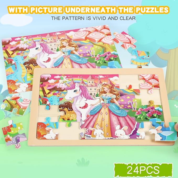 Wooden Puzzles Toys for Kids Ages 3-5, Set of 4 Packs with 24-Piece Unicorn Mermaid Princess Wood Jigsaw Puzzles, Preschool Educational Brain Teaser Toys for Girls 3 4 5 6 Years Old.