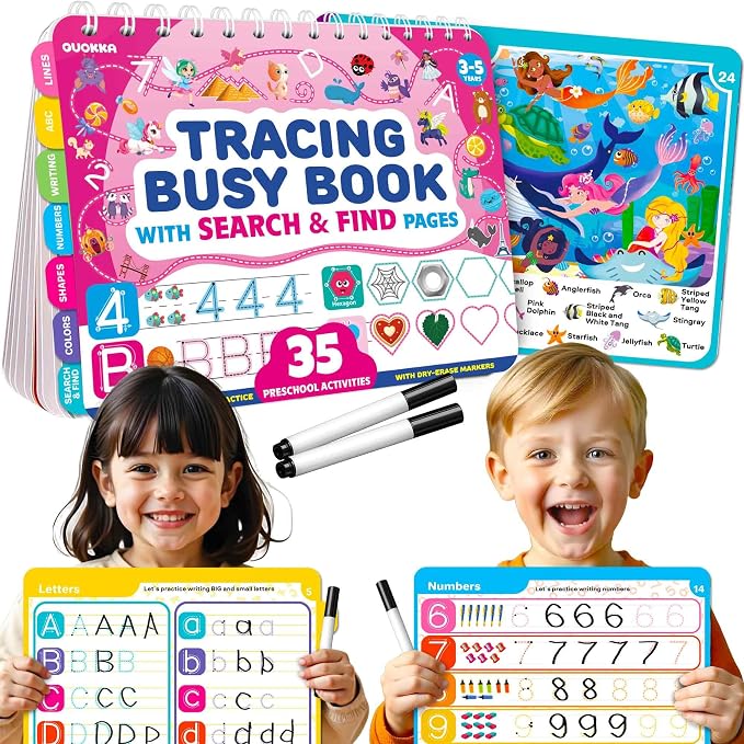 Busy Book for Toddlers 3-5 - Reusable Dry Erase Workbooks for Kids 4-6 | Fantasy Search and Find Activity Pad - Toddler Workbook with Markers for Travel and Quiet Time
