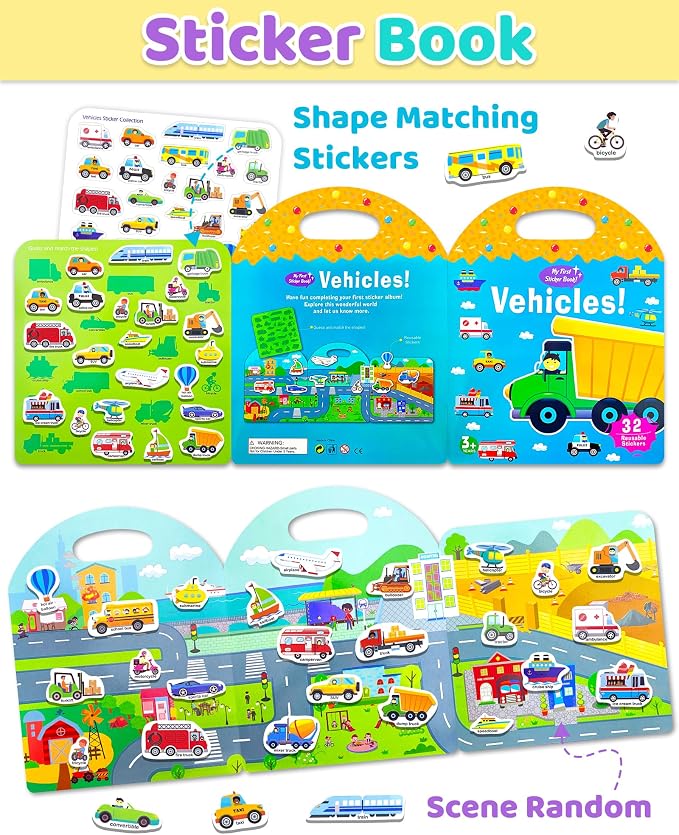 Benresive Reusable Sticker Book for Toddlers, Travel Stickers for Kids | Toddler Travel Activities Toys, Birthday Gifts for Boys & Girls, Airplane Travel & Road Trip Essentials Kids