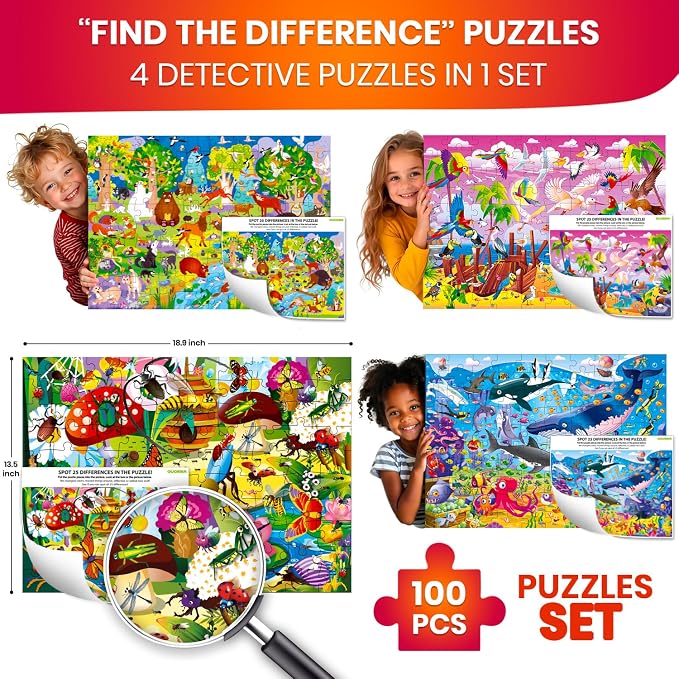 100 Piece Puzzles for Kids Ages 6-8 - 4 Jigsaw Kids Puzzles Ages 4-6 | Search and Find Ocean Forest Animals - Kids Puzzles Ages 5-8 - Learning Educational Game Toys for Children Ages 8-10