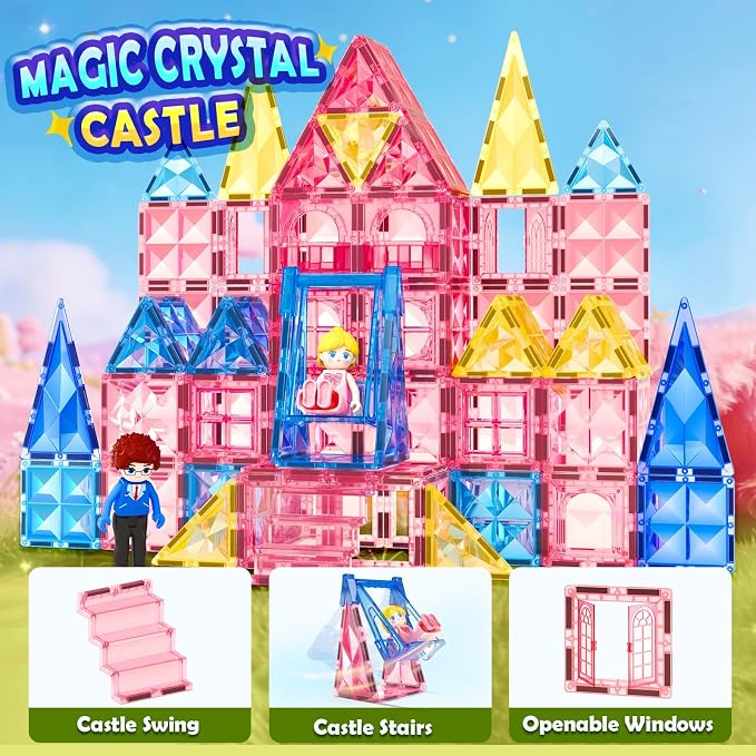 Diamond Magnetic Tiles Magnetic Building Blocks STEM Sensory Toy for Girls | Pink Castle Dollhouse Pretend Princess Toys for 3 4 5 6 Year Old Boys Girls Toys Birthday Xmas Present