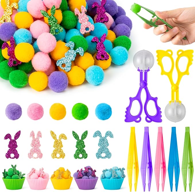 EZdhuawuse Summer Sensory Bin Fillers - 268P Summer Bunny Fine Motor Toys Rabbit Counting Sorting for Kids, Counting Toy with Shiny Bunny Pom Poms Cup Clip for Preschool Education Activities