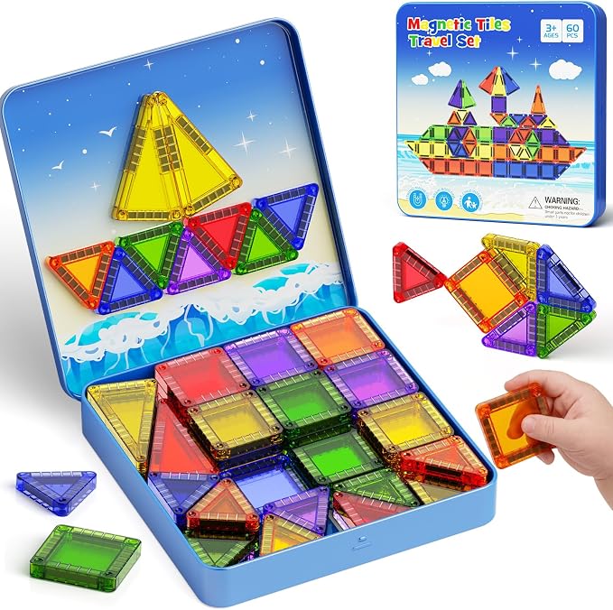 WMXDU Mini Magnetic Building Set: Keep Boys Quiet 60 Mins on Road Trips | 300+ Combos, 90+ Min Crash-Tested Fun for Active Boys. Magnets Lift 7 Tiles, No Fall. Tin Box Shape Guide, Quick Clean