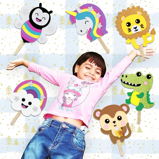 VKPI Make 6 Popstick Puppets Craft Kits for Kids, Foam Art Crafts Gift, Story Time Toys for Ages 4+ Toddler, Cloud, Animals, Preschool Projects Game Crafts, Birthday Party Favor Supplies