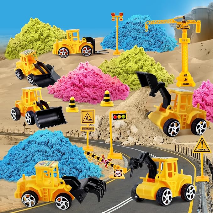 ESSENSON Sensory Bin Play Sand Kit for Kids, 4lbs Magical Sand | Construction Set Toy Truck, Pretend Play Beach Toy, Sandbox