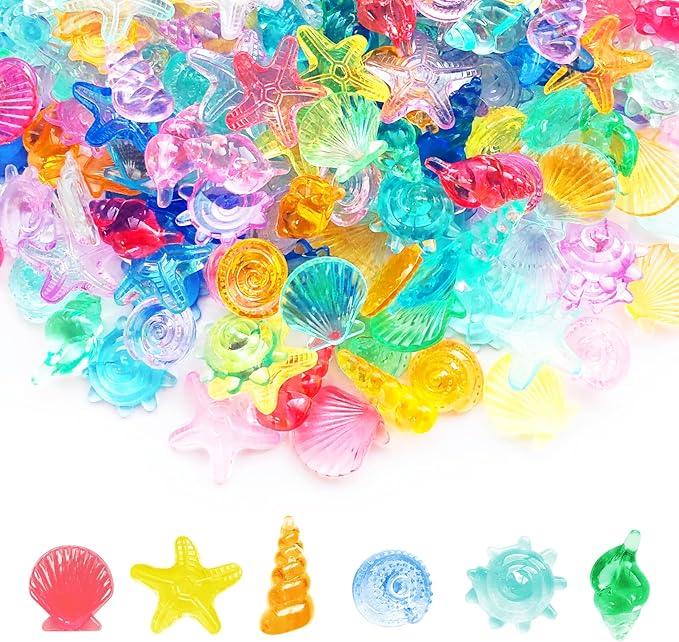 200+ Pcs Mini Sea Shell Sensory Bin Filler Diving Gem Pool Toys | Small Bulk Plastic SeaShells Decorations, Acrylic Tiny Seashells Craft, Mermaid Party Favors Bulk, 11 Colors 6 Styles Mixed