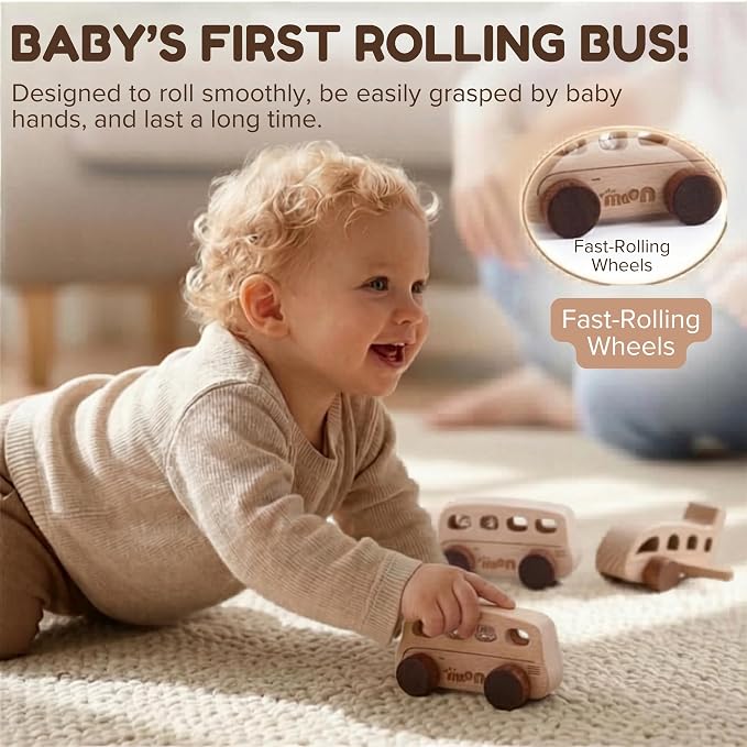 Wooden Baby Toys - Montessori Toys for 1 Year Old, 3-Piece Set with Bus, Airplane & Wooden Toy Cars - Teething Safe, Minimalist Nursery Decor, Toddler Gift for Boys & Girls