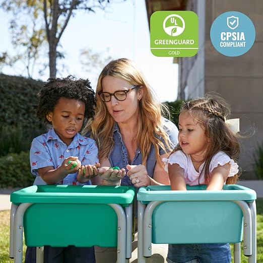 ECR4Kids 2-Station Sand and Water Adjustable Play Table, Sensory Bins, Seafoam/Emerald | Durable plastic/steel, GREENGUARD Gold Certified, 3-5 years, 80 lb capacity, adjustable legs, easy-lift lids, indoor/outdoor