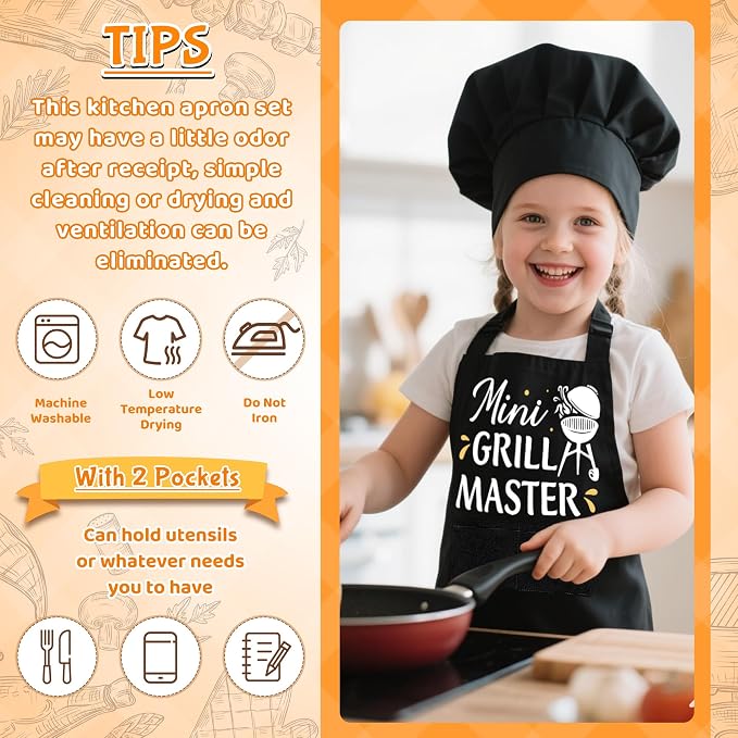 R HORSE Kid Apron and Chef Hat Set 2Pcs Adjustable Black Mini Grill Master Children Kitchen Apron, Dress up Role Play Chef Toy Funny Cooking Baking Painting and Training Kits for Kids Birthday Gift