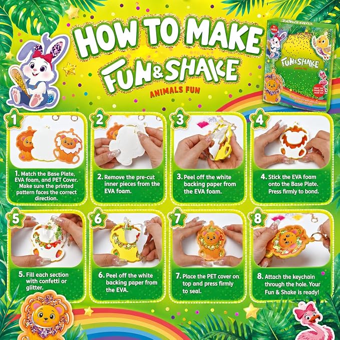 DIY Glitter Craft Kit with Keychains - Mess-Free Arts and Crafts for Kids Ages 4-8, Fun Shake-It Activity, Creative Travel Toys, Party Favors & Birthday Gifts for Girls 4-9