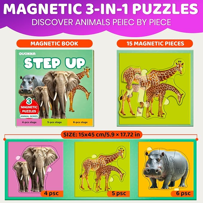 QUOKKA Step Up Magnetic Puzzles for Toddlers 1-3, Safari Animals Puzzle Set in One Book, Travel Games for Kids 3-5, Screen Free Toy for Toddlers and Preschoolers