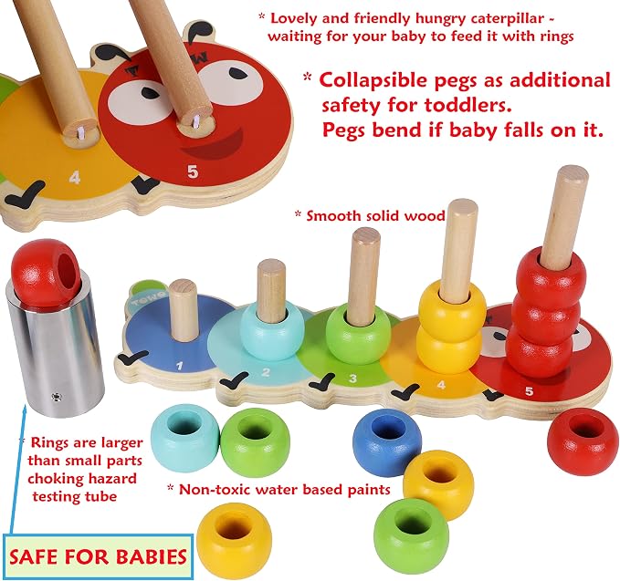 TOWO Wooden Stacking Rings Toy, Caterpillar Counting Ring Stacker | 5-peg ring stacker with counting rings; supports color sorting, fine motor skills and early learning, gift age 1+.