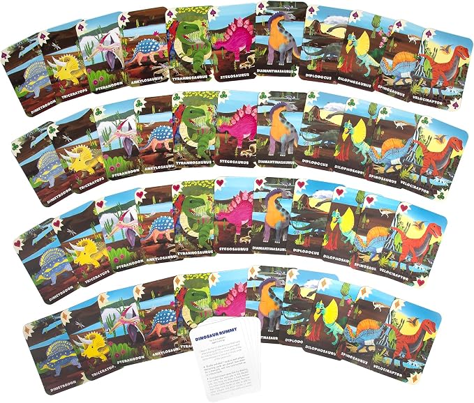 eeBoo Dinosaur Rummy Playing Card Game, 50 Cards, Ages 5+, 3+ Players | Builds strategic thinking & decision-making. Includes 50 laminated, dinosaur themed cards. A kid friendly Gin Rummy variant