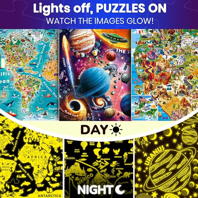 100 Puzzles for Kids Ages 4-6 - Educational Map Kids Puzzles Ages 6-8 | Glow-in-the-Dark USA Map, World Map and Solar System Kids Puzzles Ages 8-10 — Learning Geography Toys for 5-8 Year Old