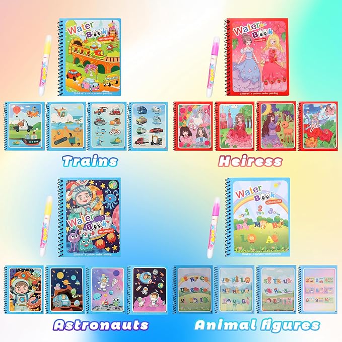8 Pack Reusable Water Coloring Books for Toddlers, Paint with Water Books,Mess-Free Coloring Book, Portable Educational Doodle Drawing Toy, Improving Children's Imagination, Color Perception