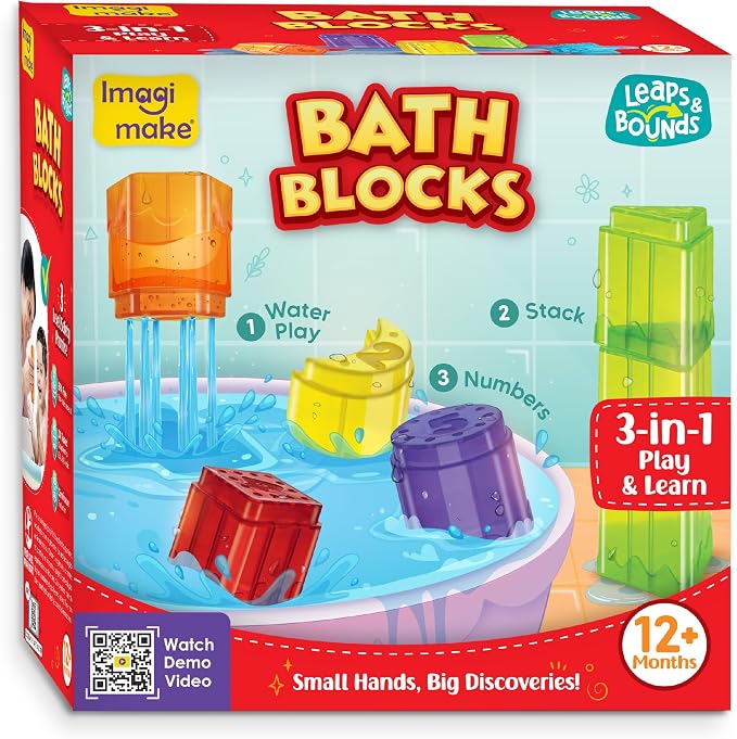 Imagimake Leaps & Bounds - Bath Blocks, 3-in-1 Bath Toy, Ages 12 Month+ | Early Learning Bath Toy, Learn Numbers, Colors & Stacking Skills, Birthday Gift for Boys & Girls Ages 1,2,3 Years Old