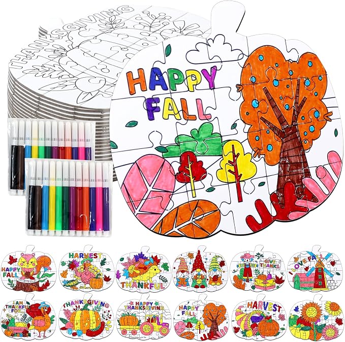 24Pcs Thanksgiving Fall Crafts for Kids Autumn Pumpkin Shape Art DIY Puzzle | Fall Craft Jigsaw leaf Turkey for Thanksgiving Harvest Activity, Classroom party favor Gift, Coloring Game Toy Supplies Bulk