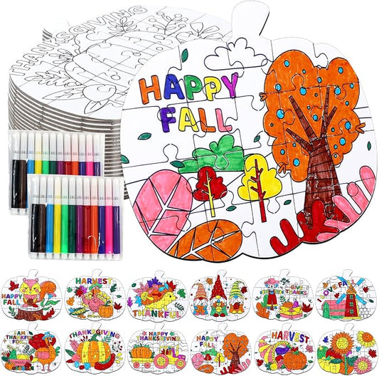 24Pcs Thanksgiving Fall Crafts for Kids Autumn Pumpkin Shape Art DIY Puzzle | Fall Craft Jigsaw leaf Turkey for Thanksgiving Harvest Activity, Classroom party favor Gift, Coloring Game Toy Supplies Bulk