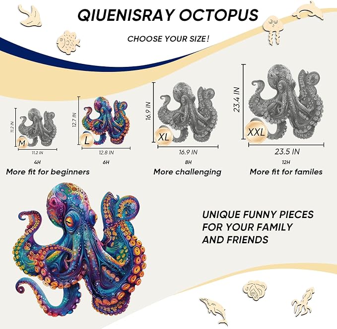 Qiuenisray Wooden Puzzle for Adults 300 Pieces, Ocean Octopus Jigsaw Puzzle | Wood Puzzle 12.8x12.7 in, Beautiful Wall Decor, Wooden Puzzle with Box Birthday Gifts for Adults and Kids Family Game