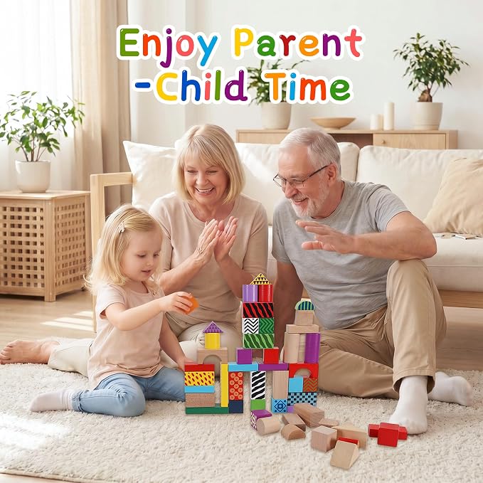 Offelec 50 Pcs Wooden Building Blocks Set with Storage Bucket, Montessori Stacking Blocks & Shape Sorting Toys for Toddlers, Preschool Learning Toys for Boys & Girls, Kids Brightly Colored Blocks