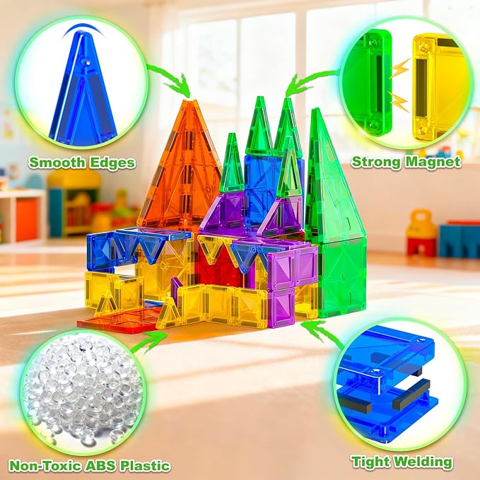 NEOROD Travel Magnetic Tiles, 72 PCS Mixed Size STEM Building Toys for 3-8 | Regular & mini tiles, compatible with others, richer builds & more creations, portable magnet block for travel/home/classroom