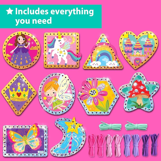 KRAFUN Princess Unicorn Holographic Lacing Cards Age 3+ | 10 Projects | Holographic foil cards: Princess, Unicorn, Fairy & Castle. Fine motor skills. Premium gift for girls age 3+