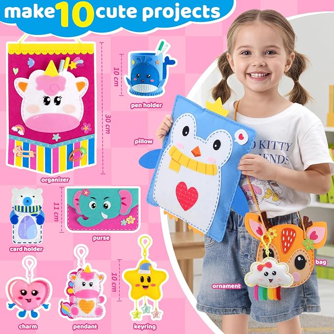 Felt Sewing Crafts for Kids Ages 4-12, 10 DIY Projects Kids Sewing Kit | Funtopia Learn to Sew with Tutorial for Plush Pillow Hanging Organizer Handbag, Beginner Sew Toys and Birthday Gift for Girls
