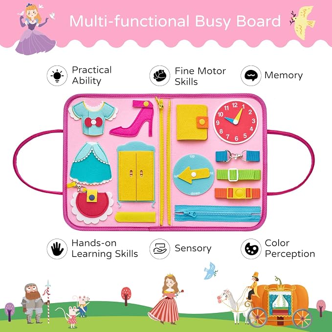 Freebear Deluxe Pink Princess Quiet Book Sensory Board for Toddlers 1-4, Montessori Educational Toys for Girls, Travel Toys with Activities
