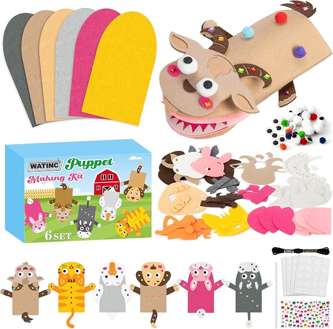 WATINC Hand Puppet Making Kit, Felt Sock Puppet Toys for Kids (Farm B) | 6 Styles, Make Your Own Storytelling & Role Play Crafts, Creative Group Activity, Party Favors & Gifts for Kids Ages 4-8