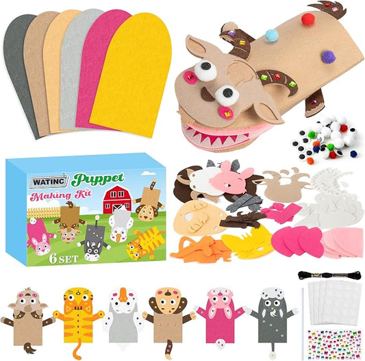 WATINC Hand Puppet Making Kit, Felt Sock Puppet Toys for Kids (Farm B) | 6 Styles, Make Your Own Storytelling & Role Play Crafts, Creative Group Activity, Party Favors & Gifts for Kids Ages 4-8