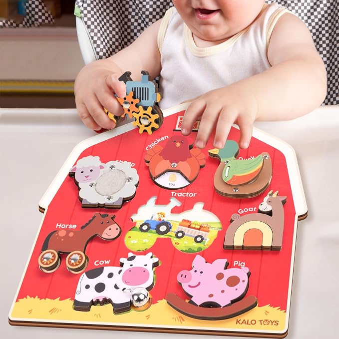 KALOTOYS Wooden Farm Animal Puzzle for Toddlers 1-3 – 8 Piece Montessori Sound & Sensory Puzzle with Textures & Spinning Tractor Gears – Fine Motor Learning Toy & Autism-Friendly Baby Gift