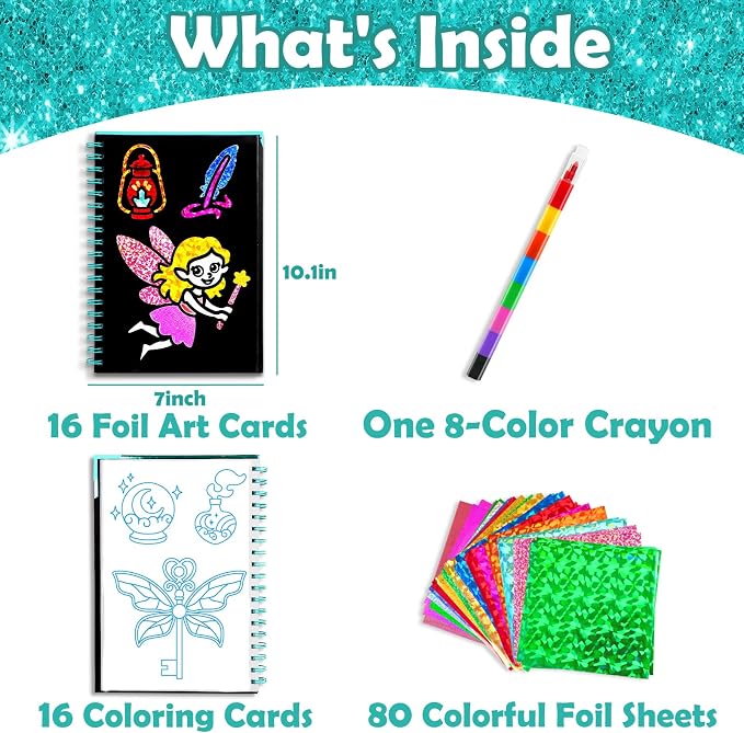 FUNNYB&G Foil Art Craft Kit for Kids, Sparkly Birthday Gift Toy for Girls | No Mess, Kids Ages 4-10 Create Sparkling Artwork, A Creative Gift for Birthdays, Holidays, Travel Activities,Screen-Free Fun