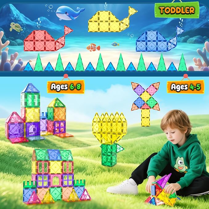 Magnetic Tiles Toddler Toys Magnetic Building Blocks for Kids Ages 3-12 STEM Educational Toys for Girls & Boys Sensory Toys for Kids with Autism Classroom Must Haves Outdoor Toys