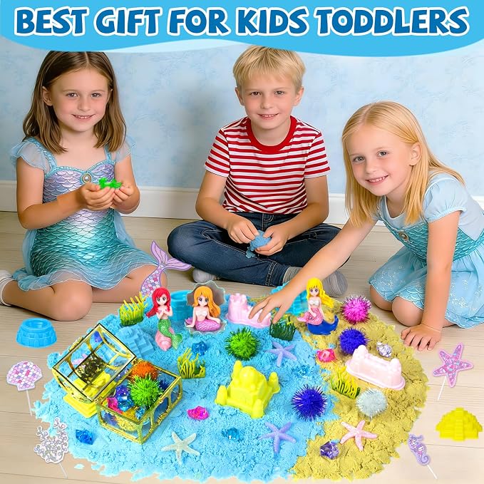 YongnKids Sensory Bin Sandbox Mermaid Toys with Magic Sand for Girls Kids | Play Sand Toy Sensory Bin Pretend Play Beach Toy with Sand & Castle Mold,Great Christmas Birthday Gift for Girl Boys Age 3+