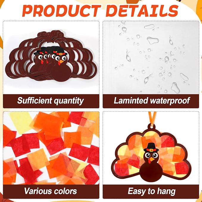 Qyeahkj 36 Set Thanksgiving Turkey Suncatchers Crafts for DIY Fall Window Tissue Paper Craft Kit Autumn Hanging Decor for Harvest Home Activity Art Project Birthday Party Favor Gift