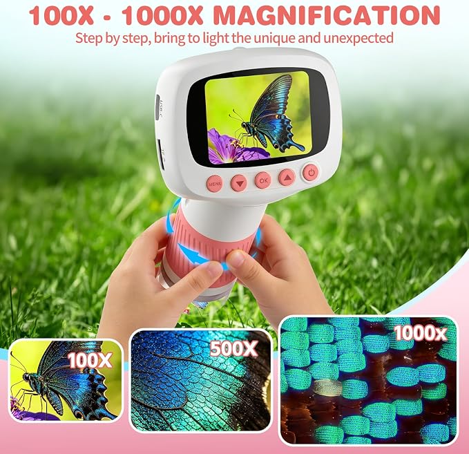Pocket Kids Microscope for Over 3 Years Old, 1000X Handheld Microscope for Kids w/2''IPS Digital, Photo Video Mini Portable Microscopes, Science Edu Digiscope,Christmas Birthday Gifts for Kids