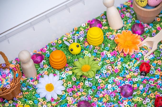 Spring Flower Sensory Bin Kit for Kids | Green Rice, Felt Bees, Wooden Eggs & Ladybugs, Floral Accessories & Wooden Tools – Includes Clear Storage Bin