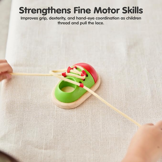 PlanToys® Tie-Up Shoe Lacing Practice Toy for Kids | Montessori Fine-Motor & Independence Activity for Focus & Coordination | Eco-Friendly Wooden Educational Tool